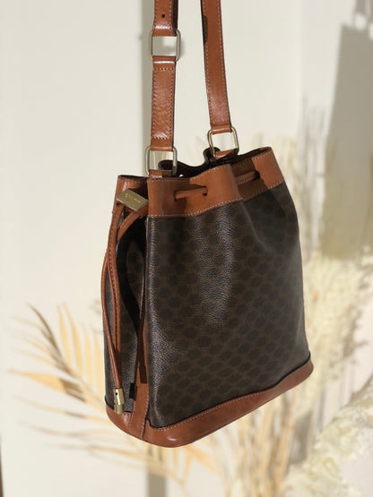 CELINE Macadam Leather Drawstring Small Shoulder bag Brown Vintage v3kt7s