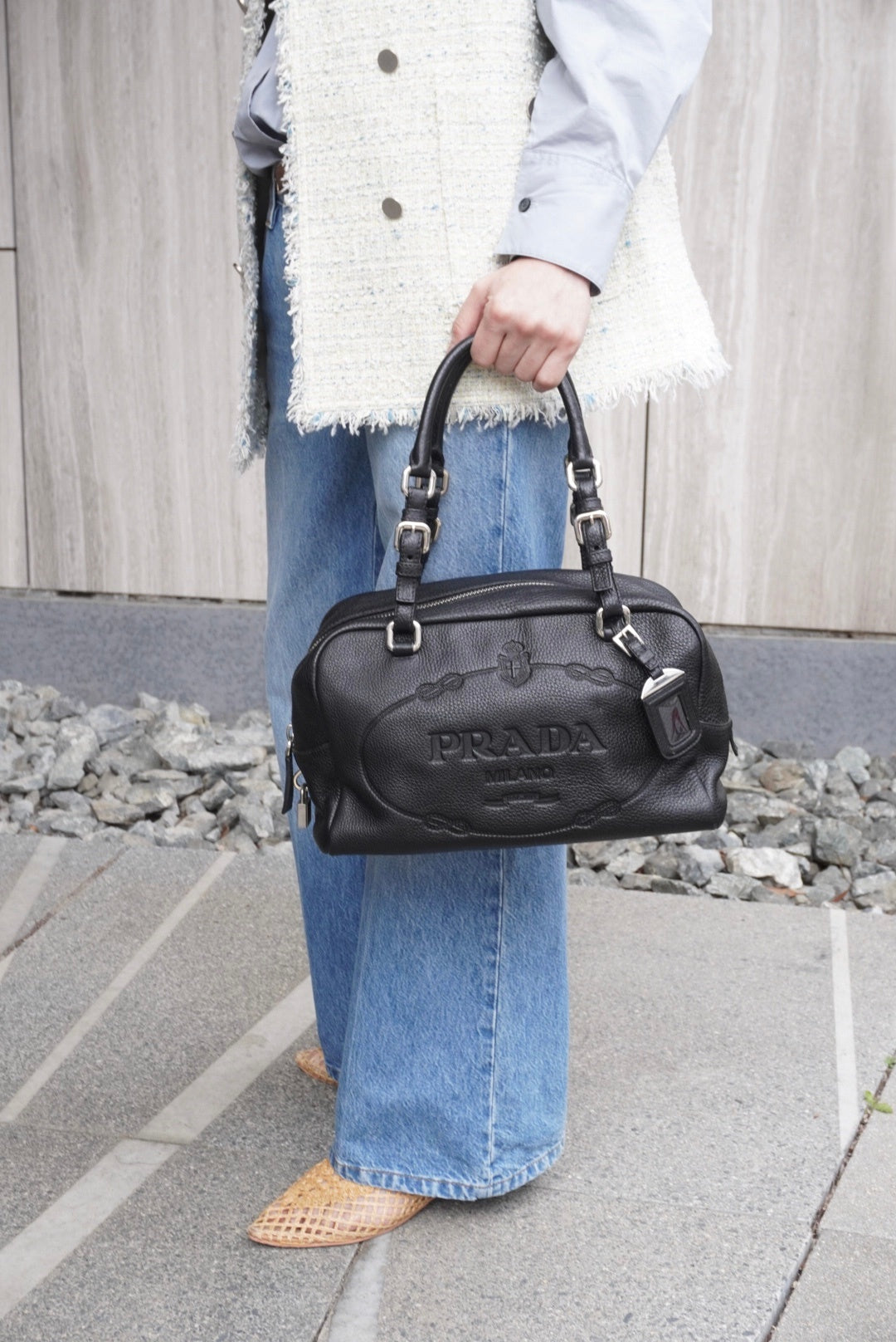 PRADA Logo Embossed Small Boston bag Handbag Black Vintage 6kdc52