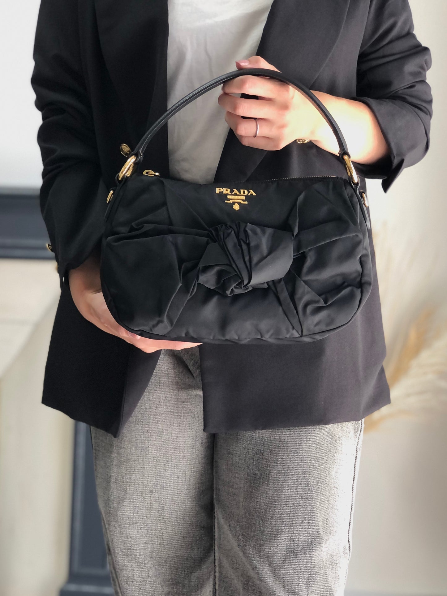 PRADA Logo Ribbon Motif Two-way Handbag Shoulder bag Black Vintage 33v85k