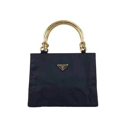 PRADA Triangle Logo Metal Handle Handbag Navy Vintage 5c4zz4