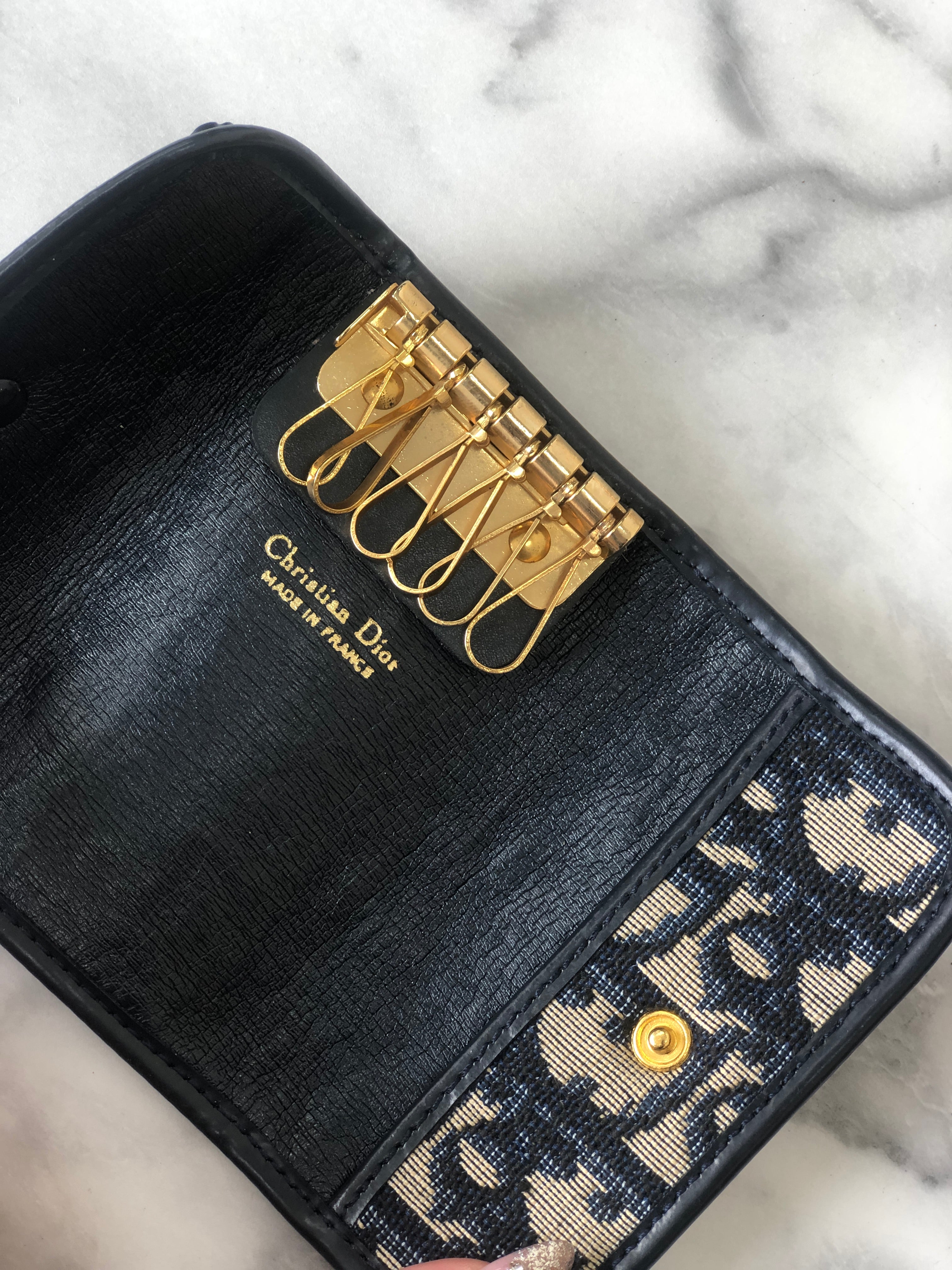 Christian Dior Trotter Jacquard Leather Key Case Navy Vintage i8hs8t