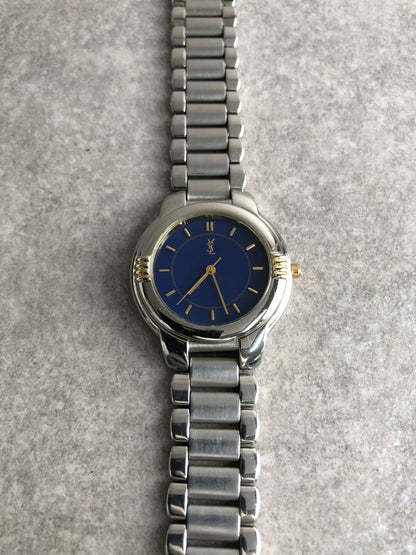 Yves Saint Laurent YSL Logo Quartz Watch Silver×Blue 6031-G11246 Vintage rcren6