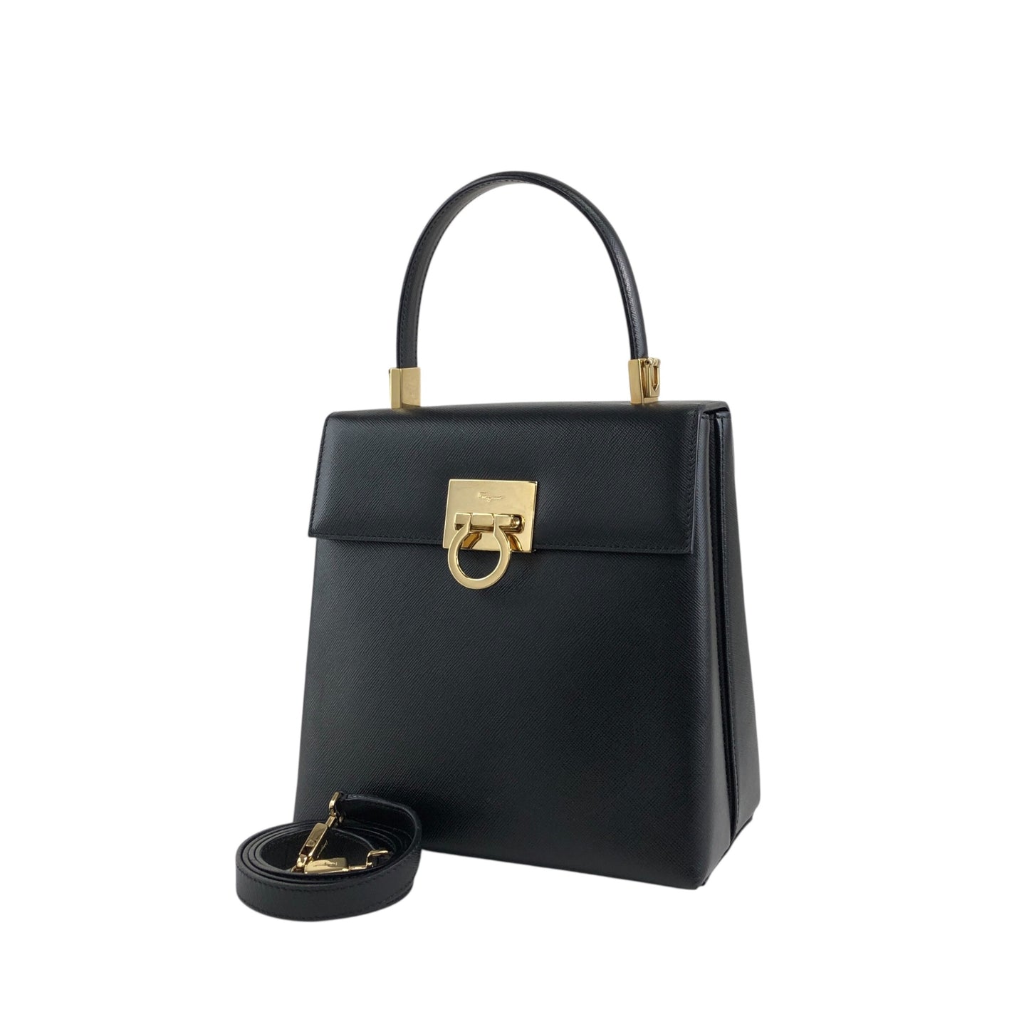Salvatore Ferragamo Gancini Two-way Handbag Shoulder bag Black Vintage hdmvm4