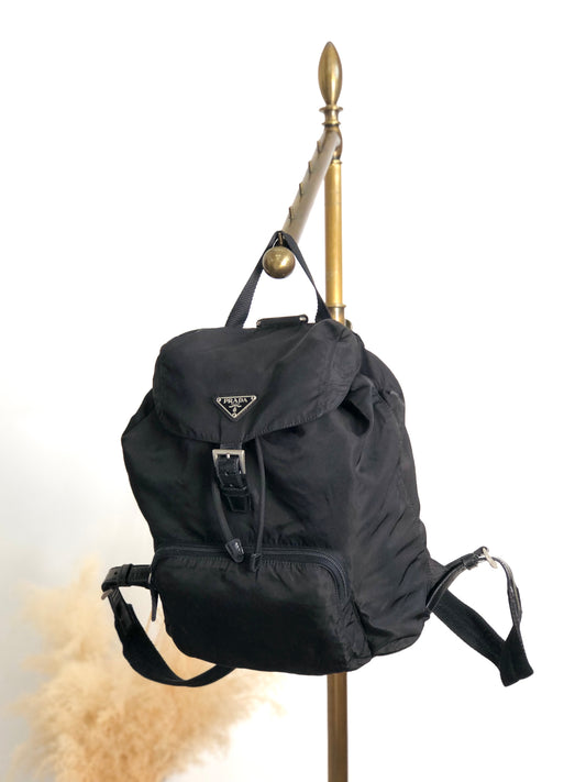PRADA Tessuto Triangle Logo Front Buckle Backpack Black Vintage vwh35w