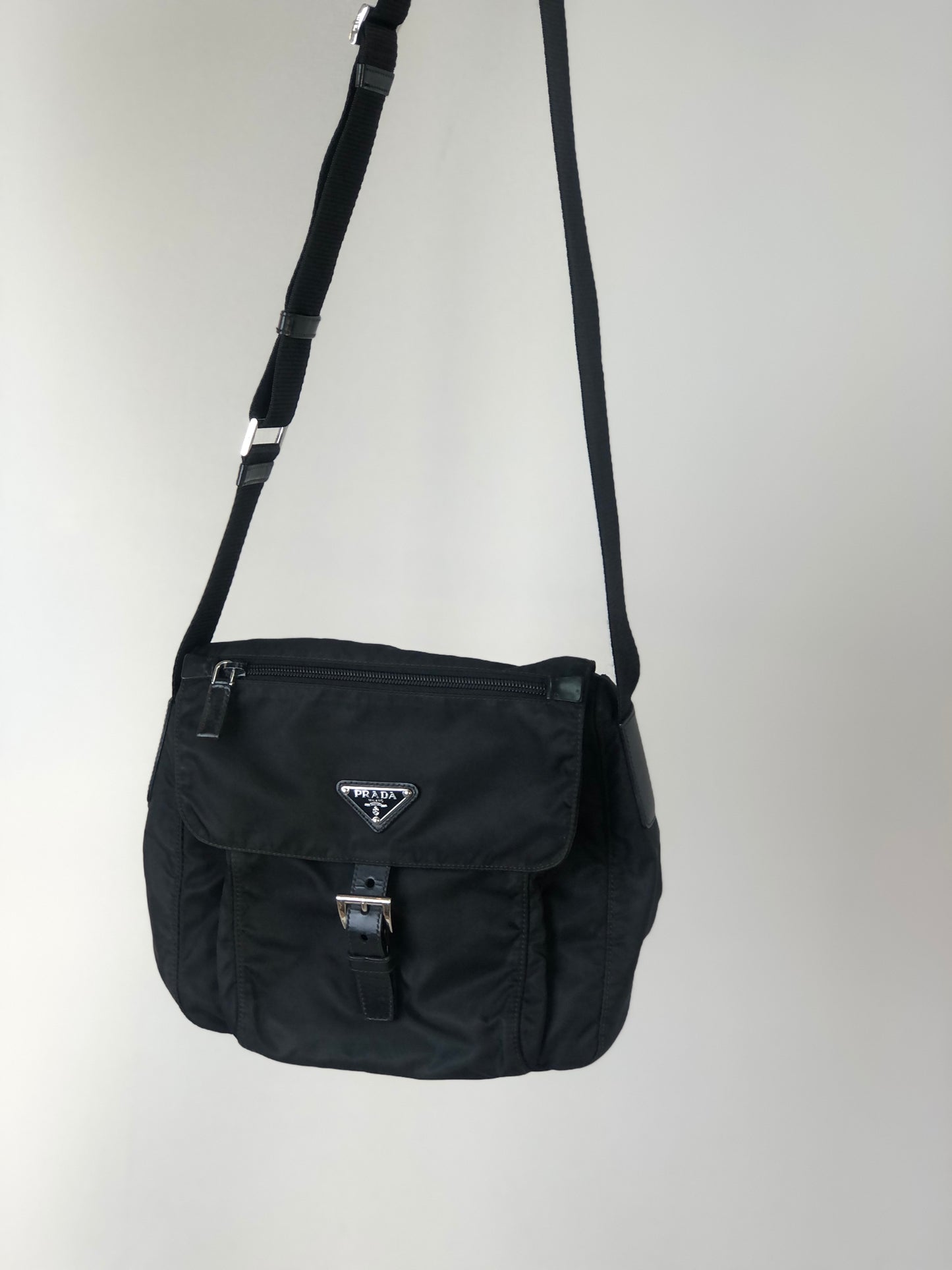 PRADA Triangle Logo Front Buckle Nylon Shoulder bag Black Vintage 68xphi