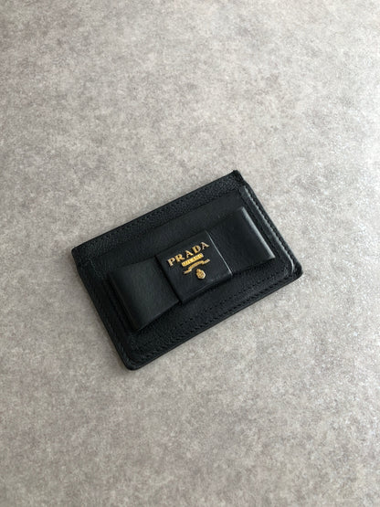 PRADA Logo Ribbon Motif Card holder Black Vintage mcbejz