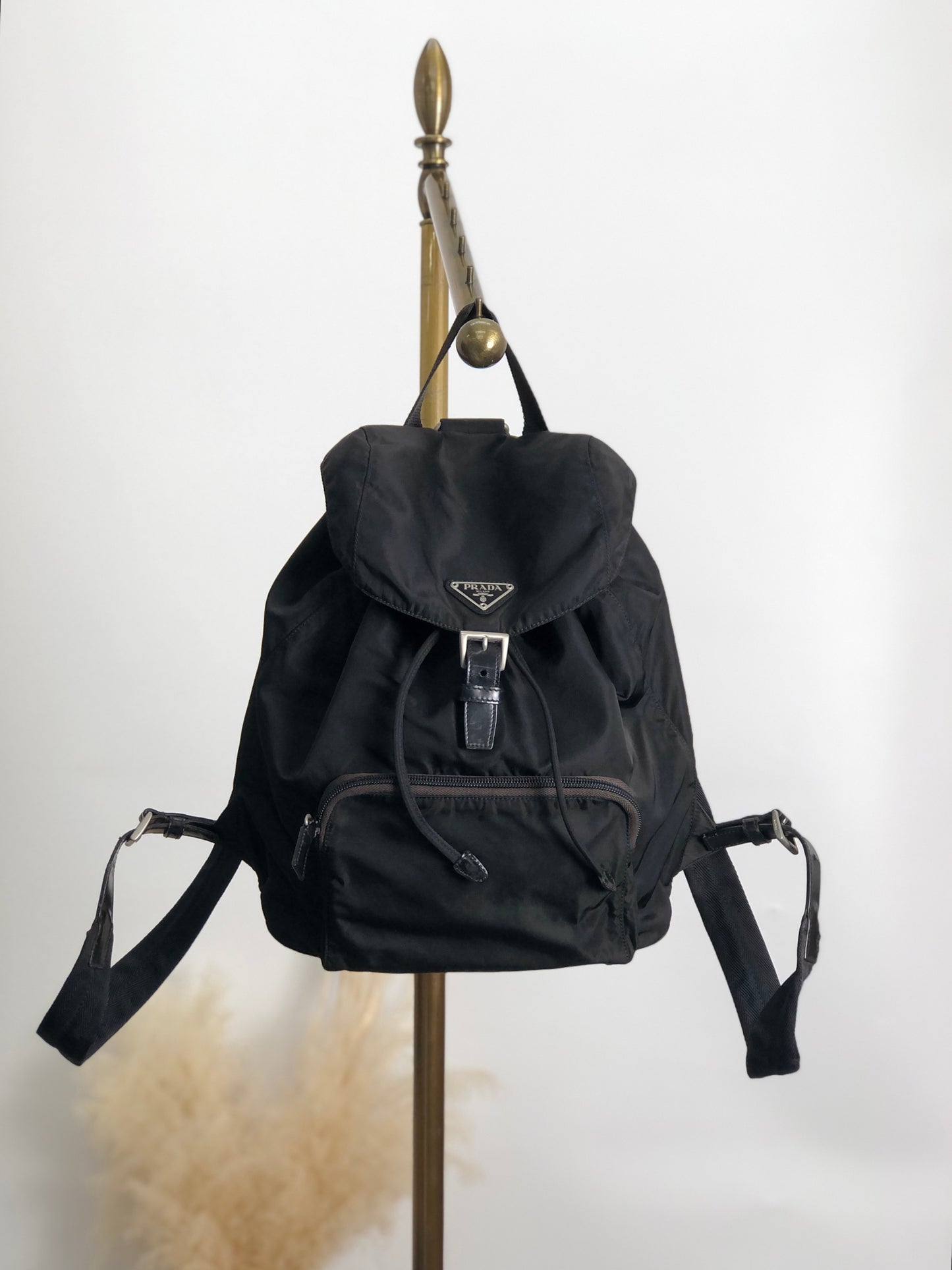 PRADA Tessuto Triangle Logo Front Buckle Backpack Black Vintage adjm4v