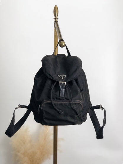 PRADA Tessuto Triangle Logo Front Buckle Backpack Black Vintage adjm4v