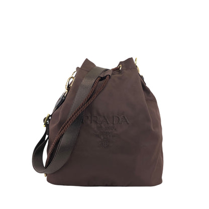 PRADA Logo Embroidery Drawstring Shoulder bag Brown Vintage ksgst8