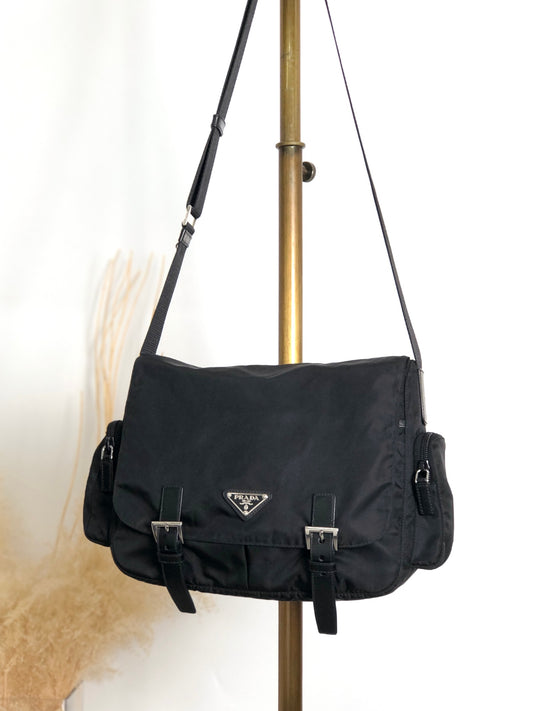 PRADA Tessuto Triangle Logo Front Buckle Double Pocket Shoulder bag Black Vintage yejdb4