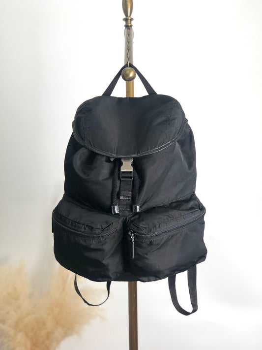 PRADA Triangle Logo Front Belt Double Pocket Backpack Black Vintage 7wppf4