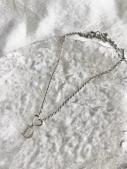 Christian Dior Heart Motif Rhinestone Necklace Silver Vintage h7edxg