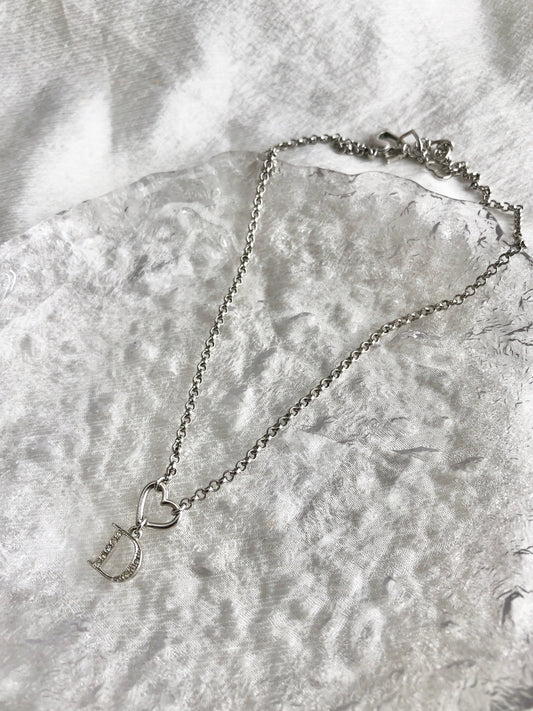 Christian Dior Heart Motif Rhinestone Necklace Silver Vintage h7edxg