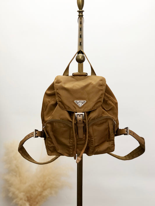 PRADA Triangle Logo Double Pocket Backpack Brown Vintage rne3iv