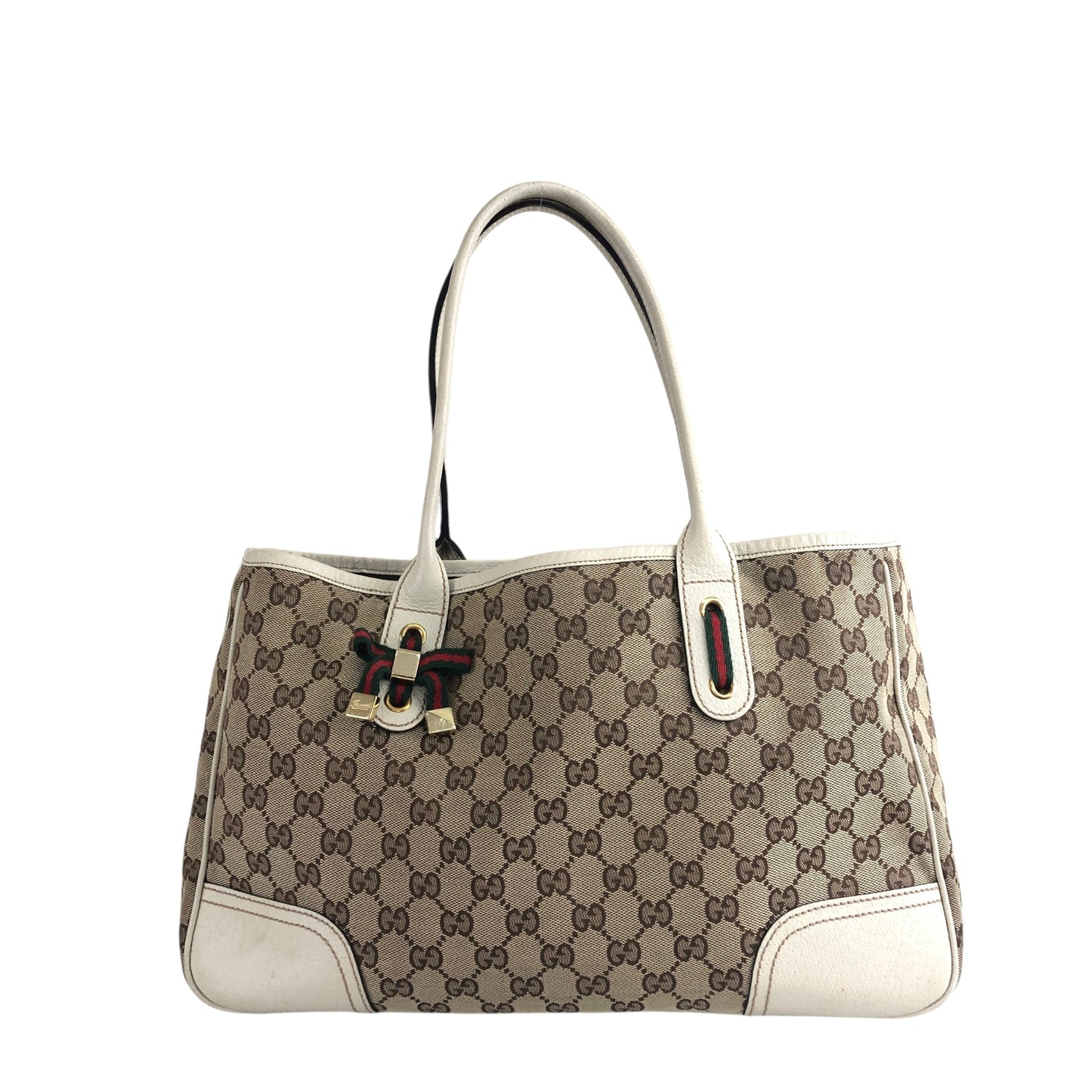 GUCCI Sherry Line GG Canvas Ribbon Canvas Leather Handbag Beige Vintage yeu8gz