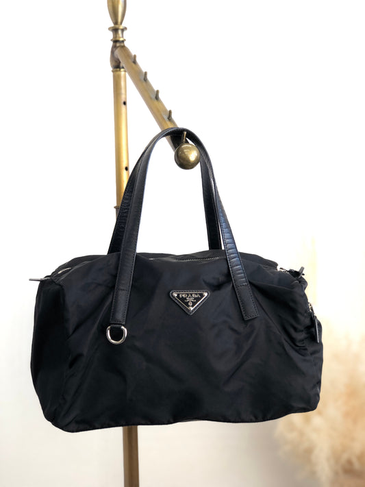 PRADA Triangle Logo Boston bag Handbag Black Vintage jpc7eg