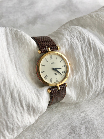 GUCCI Sherry Line Watch Gold×Brown Vintage bunxe7