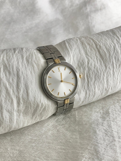 Yves Saint Laurent YSL Logo Quartz Watch Silver×Gold 9620-H13821Y Vintage 2pha88