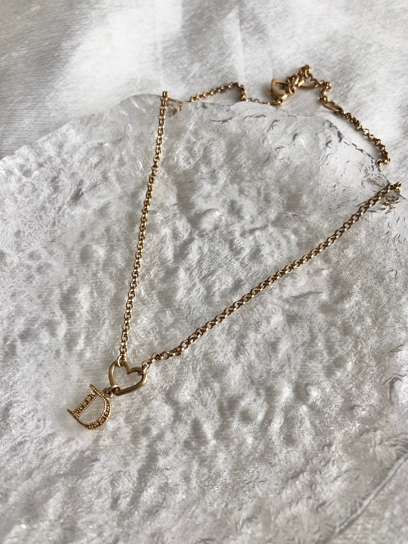 Christian Dior D Motif Rhinestone Necklace Gold Vintage yjzjbw