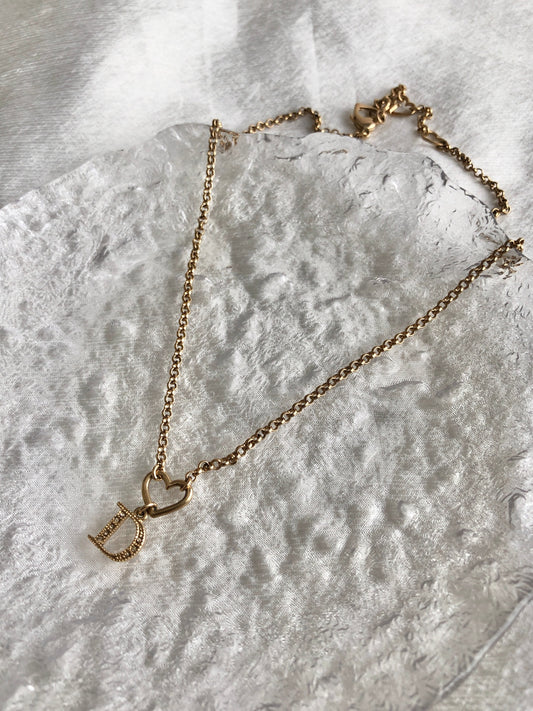 Christian Dior D Motif Rhinestone Necklace Gold Vintage yjzjbw