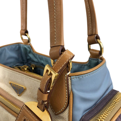 PRADA Triangle Logo Multi Pocket Handbag Totebag Beige×Blue Vintage fkki3a
