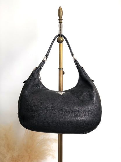 PRADA Logo Shoulder bag Hobobag Black Vintage 53rvk2