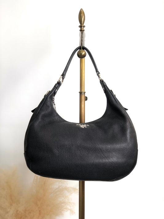 PRADA Logo Shoulder bag Hobobag Black Vintage 53rvk2