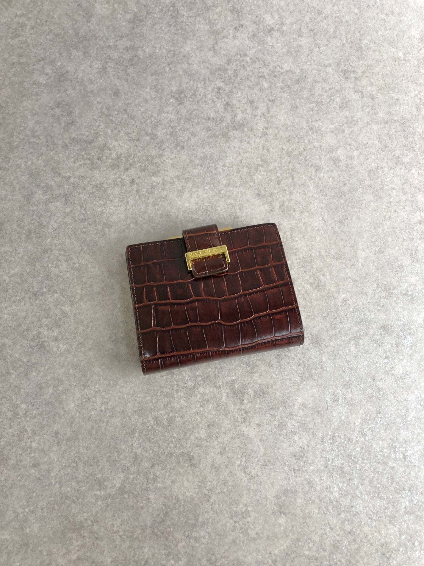Yves Saint Laurent Logo Metal Clasp Folded Wallet Brown Vintage m5y3xv