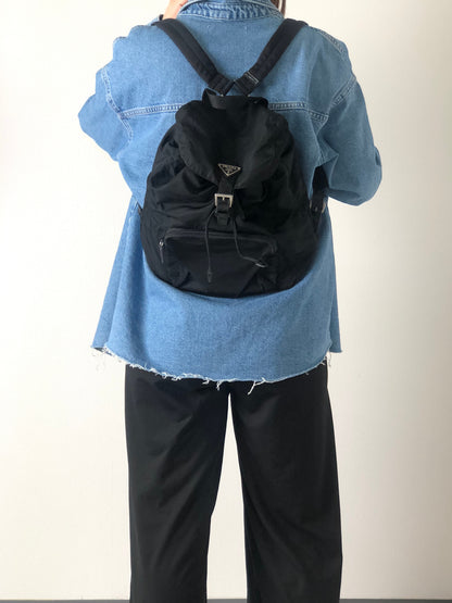 PRADA Triangle Logo Front Buckle Nylon Backpack Black Vintage c68je8