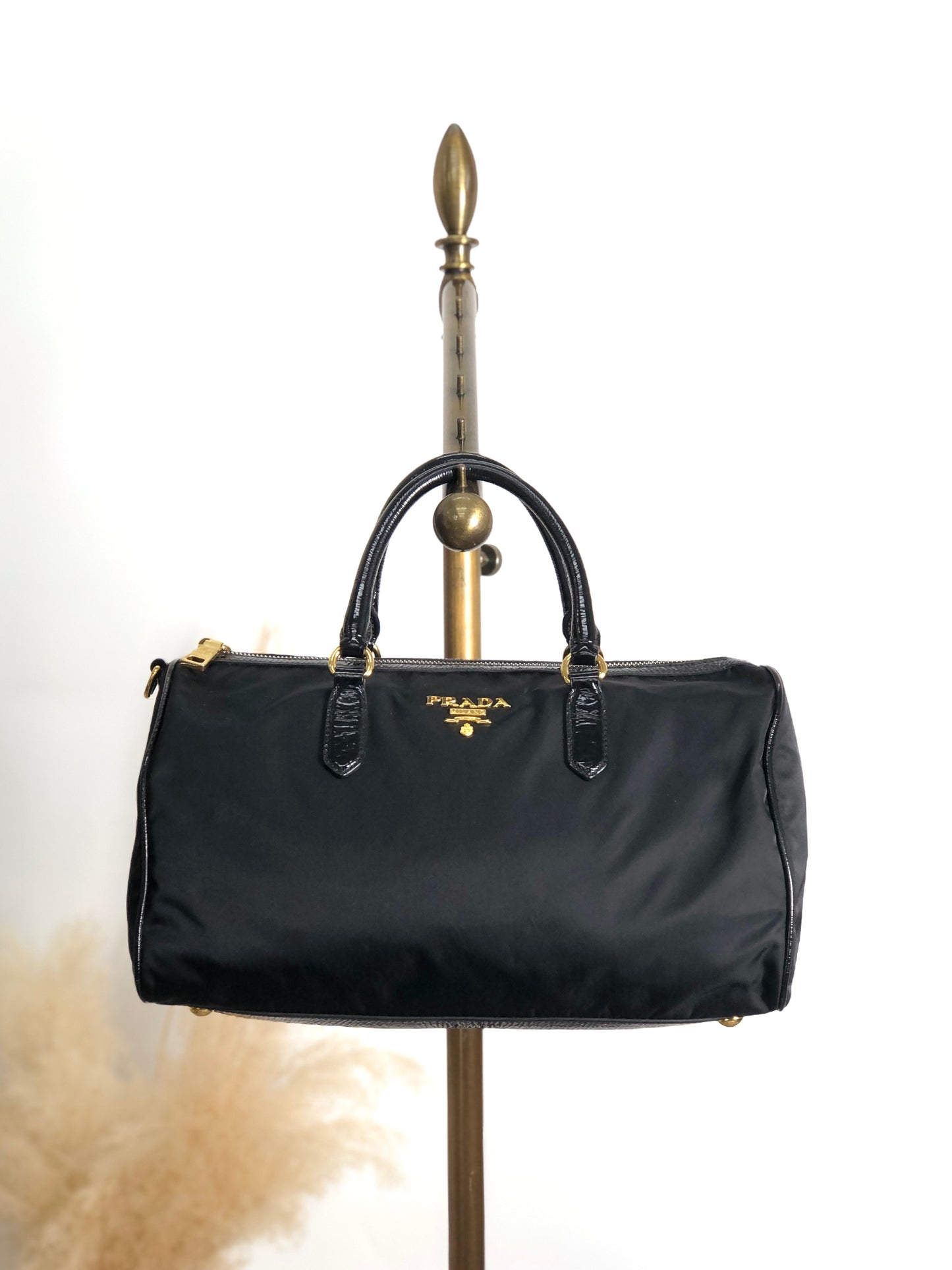 PRADA Logo Handbag Boston bag Black Vintage czrvv6