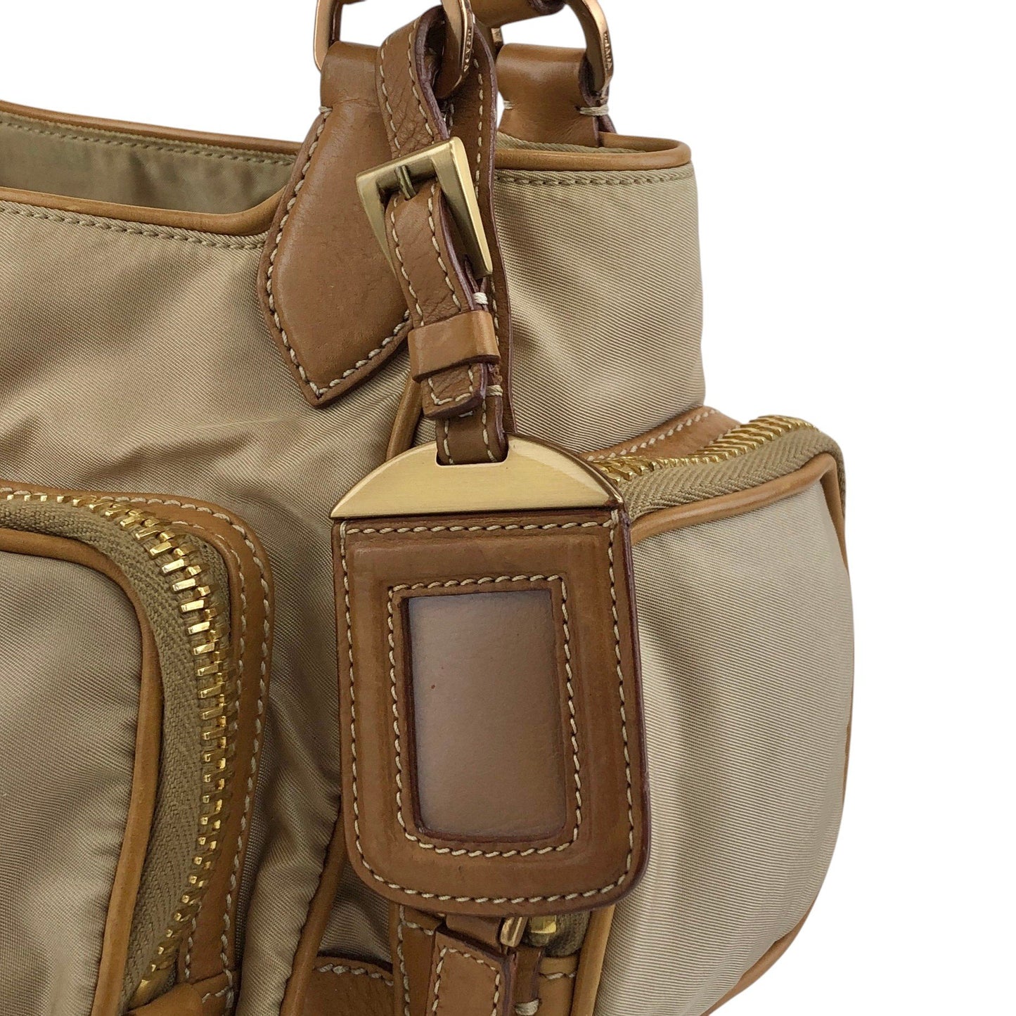 PRADA Tessuto Triangle Logo Side Pocket Handbag Beige Vintage a35ftn