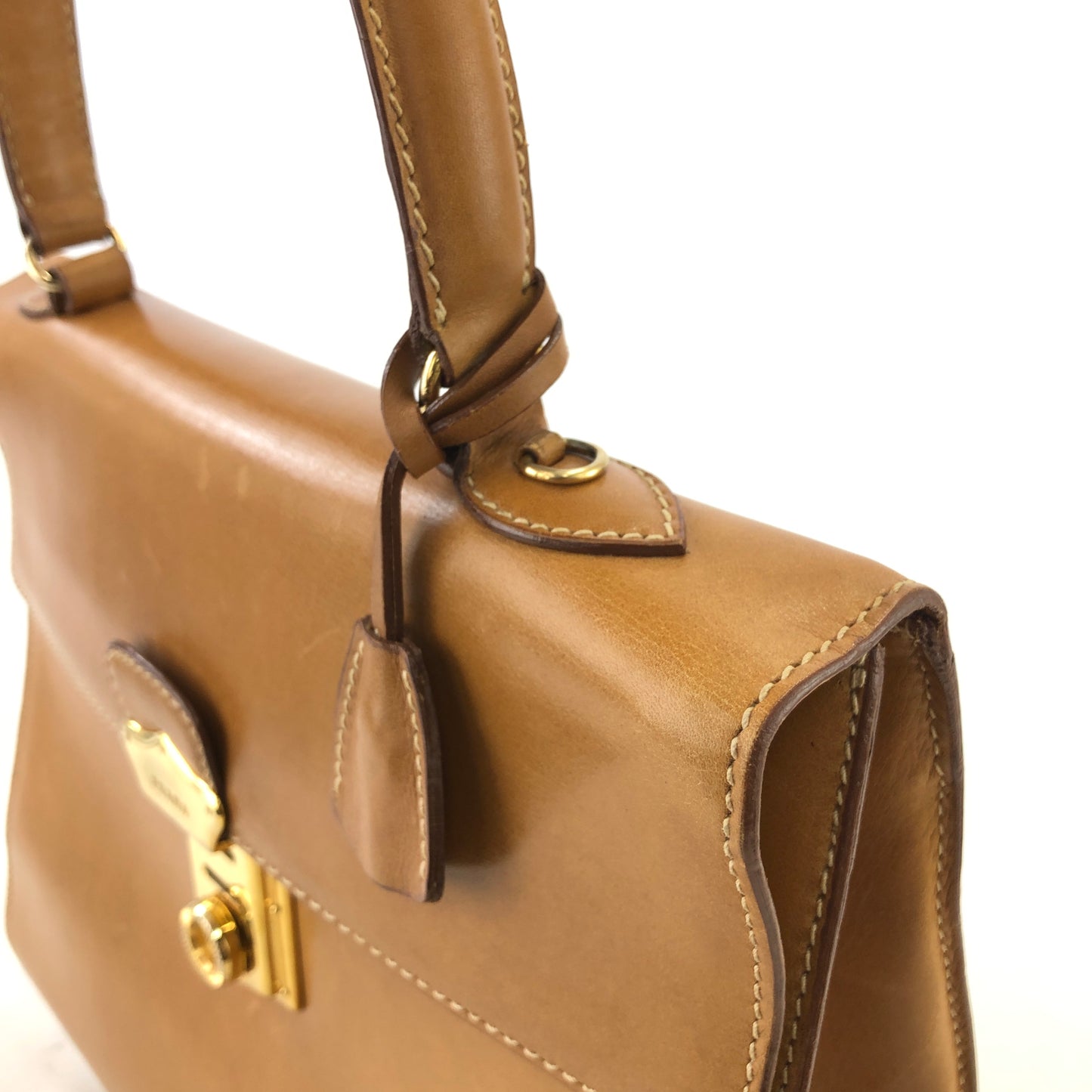 PRADA Metal Closure Leather Handbag Camel Vintage hktpxe