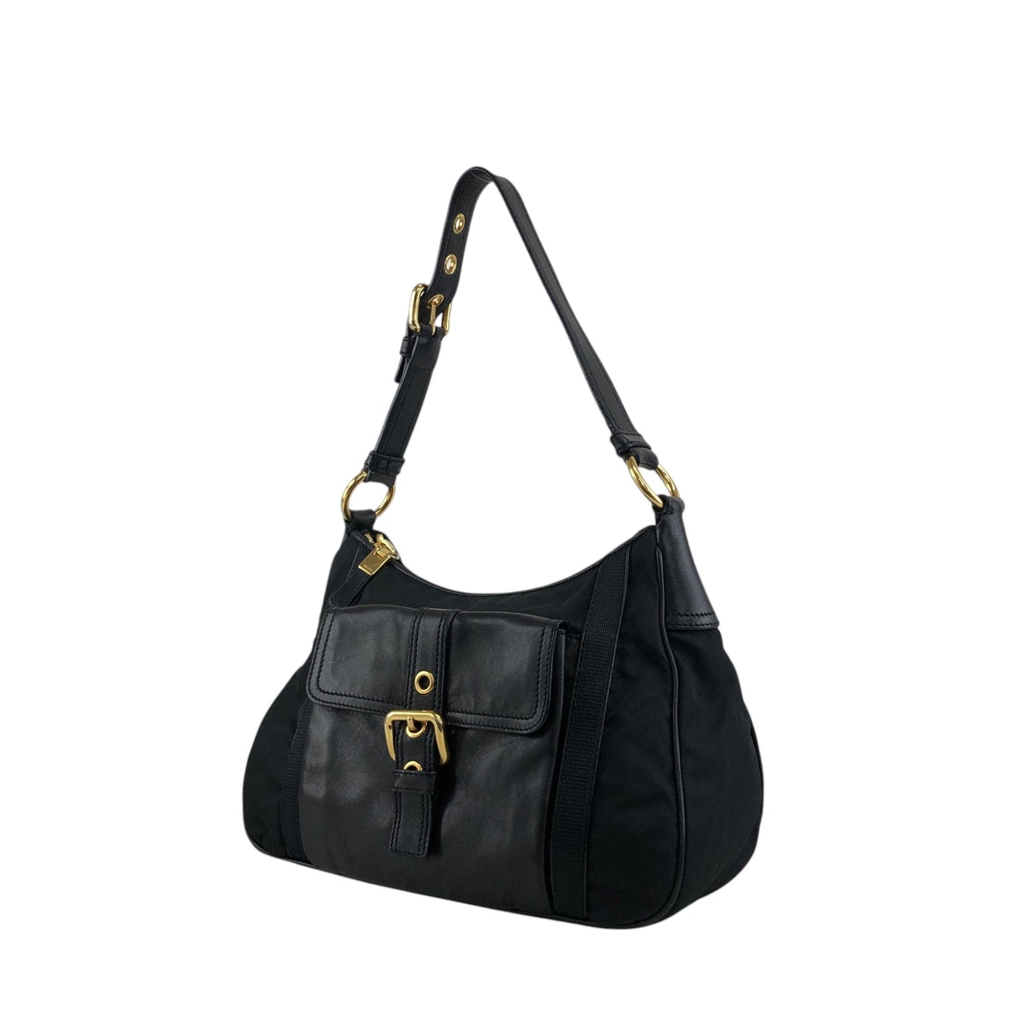 PRADA Triangle Logo Front Buckle Shoulder bag Hobobag Black Vintage kmr53p