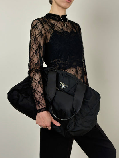 PRADA Tessuto Triangle Logo Boston bag Black Vintage utr82b