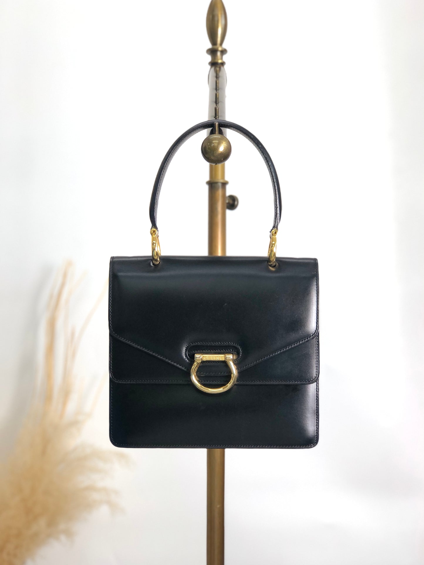 CELINE Horse Bit Double Flap Handbag Black Vintage istaf6