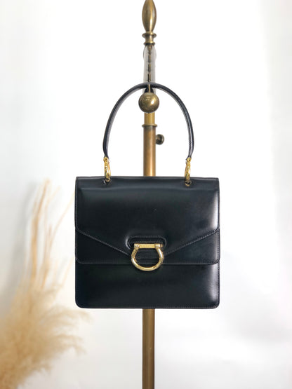 CELINE Horse Bit Double Flap Handbag Black Vintage istaf6