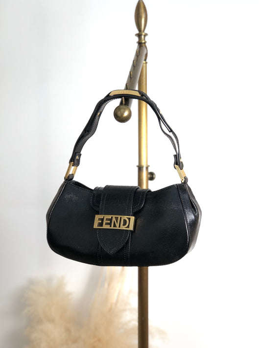 FENDI Logo Shoulder bag Black Vintage zjfy53