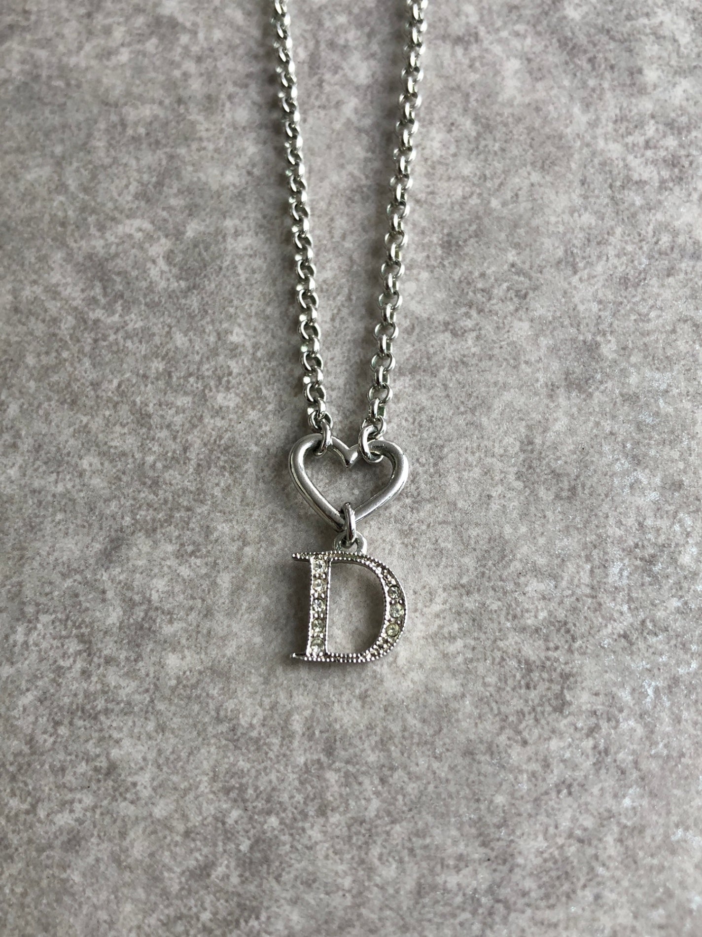 Christian Dior Heart Motif Rhinestone Necklace Silver Vintage h7edxg