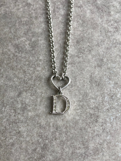 Christian Dior Heart Motif Rhinestone Necklace Silver Vintage h7edxg