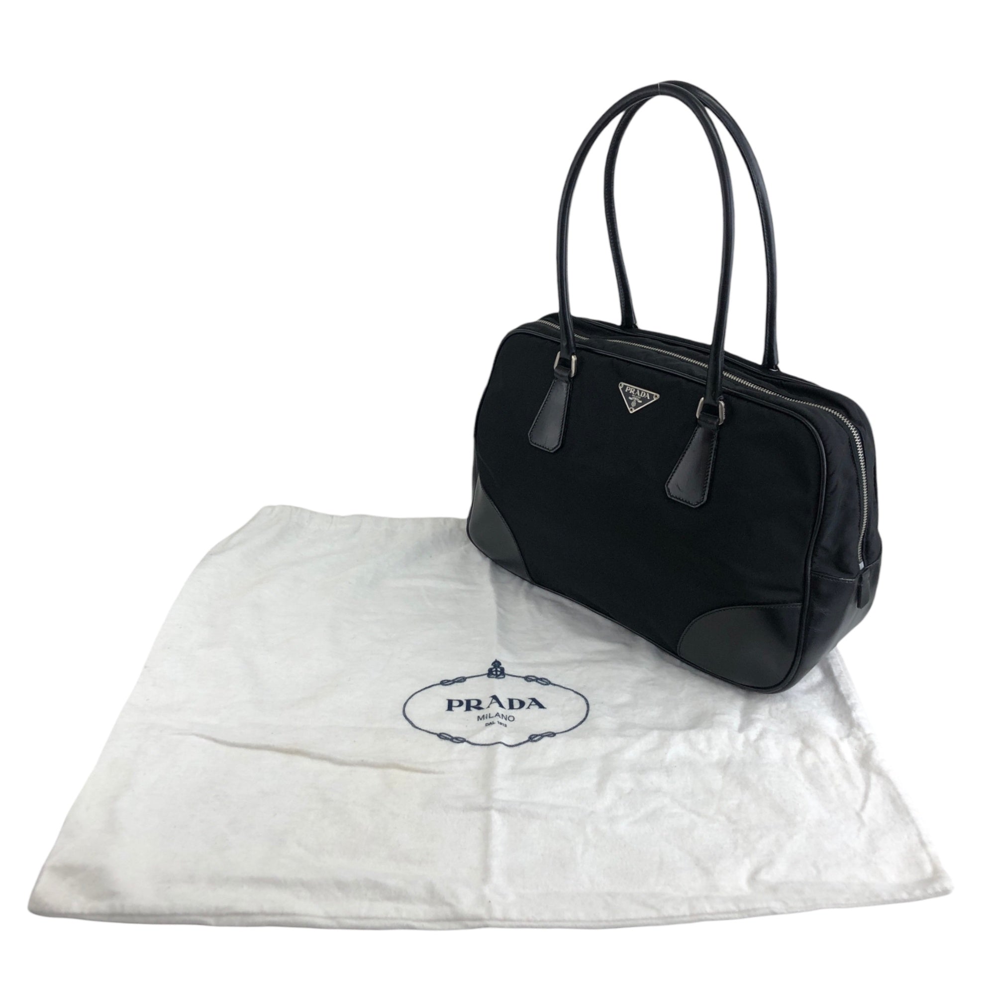 PRADA Triangle Logo Small Boston bag Handbag Black Vintage