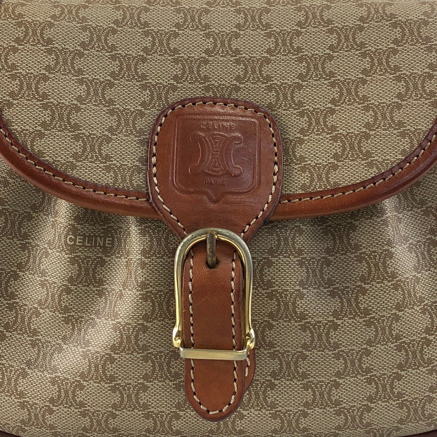 CELINE Macadam Front Buckle  Shoulder bag Beige Vintage hx87nm