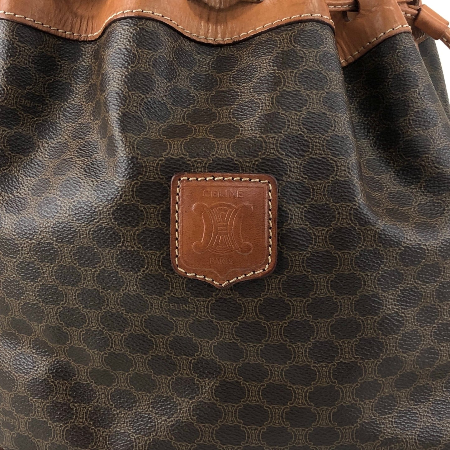 CELINE Macadam Blason Drawstring Shoulder bag Brown Vintage twzgft