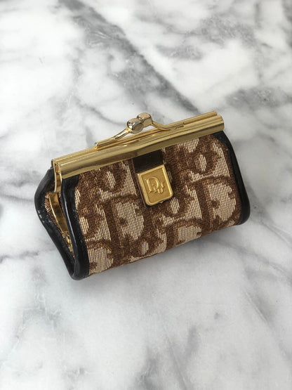 Christian Dior Trotter Jacquard Leather Metal Clasp Coin Purse Brown Vintage mcrrev