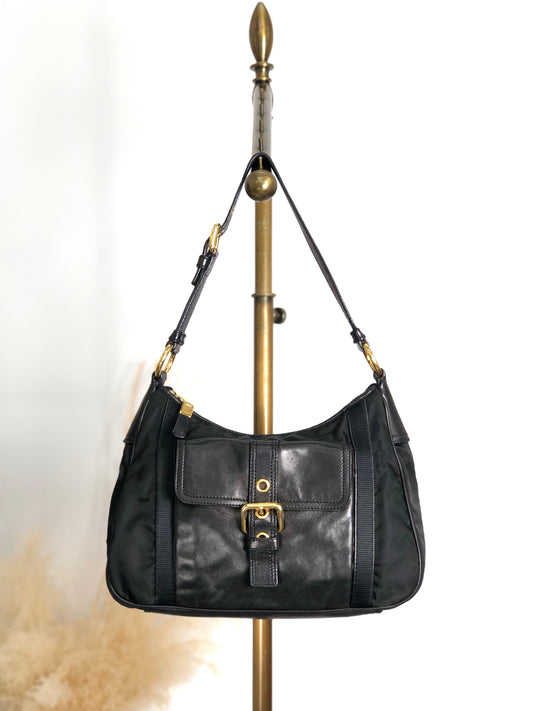 PRADA Triangle Logo Front Buckle Shoulder bag Hobobag Black Vintage kmr53p