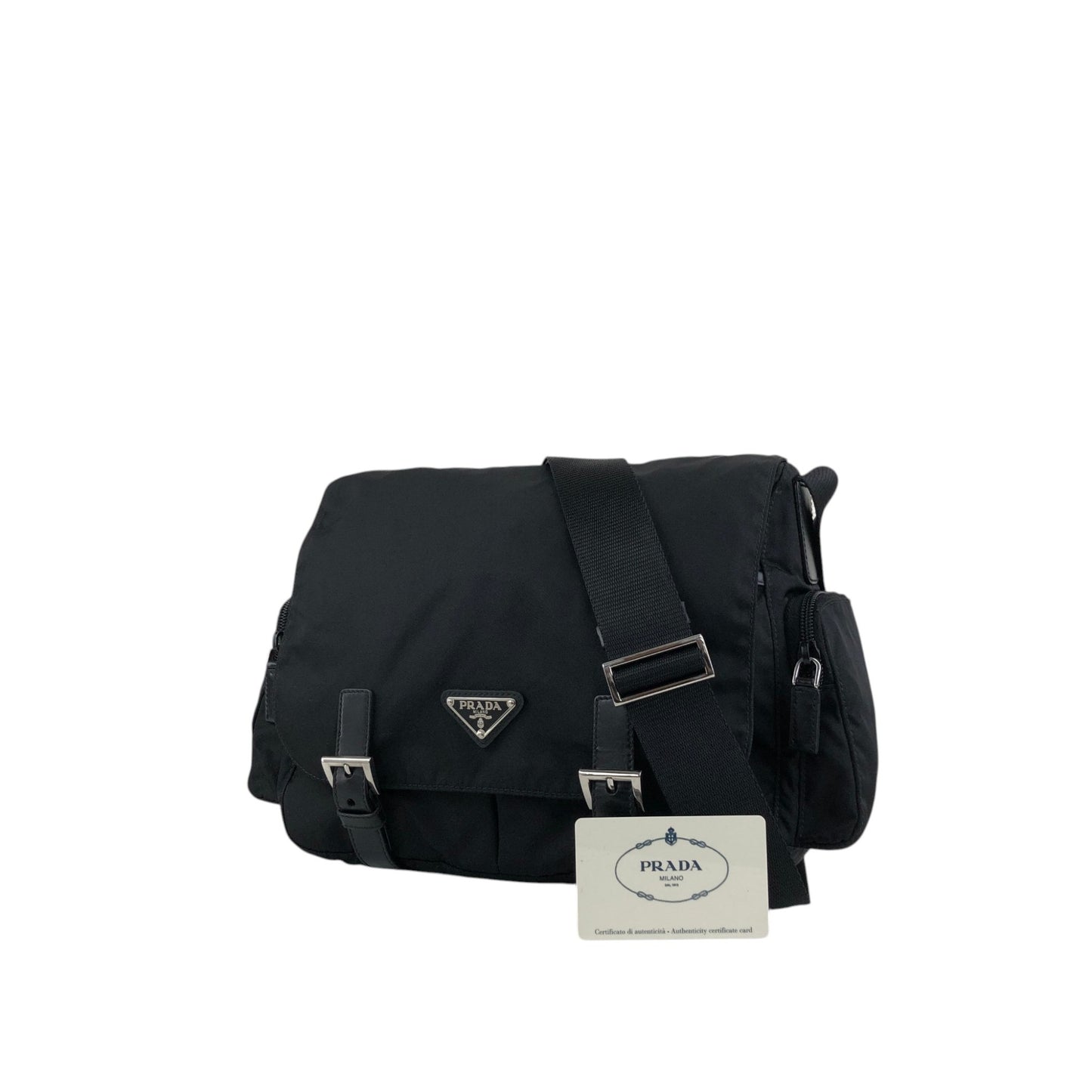 PRADA Tessuto Triangle Logo Front Buckle Double Pocket Shoulder bag Black Vintage yejdb4