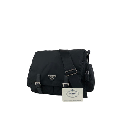 PRADA Tessuto Triangle Logo Front Buckle Double Pocket Shoulder bag Black Vintage yejdb4