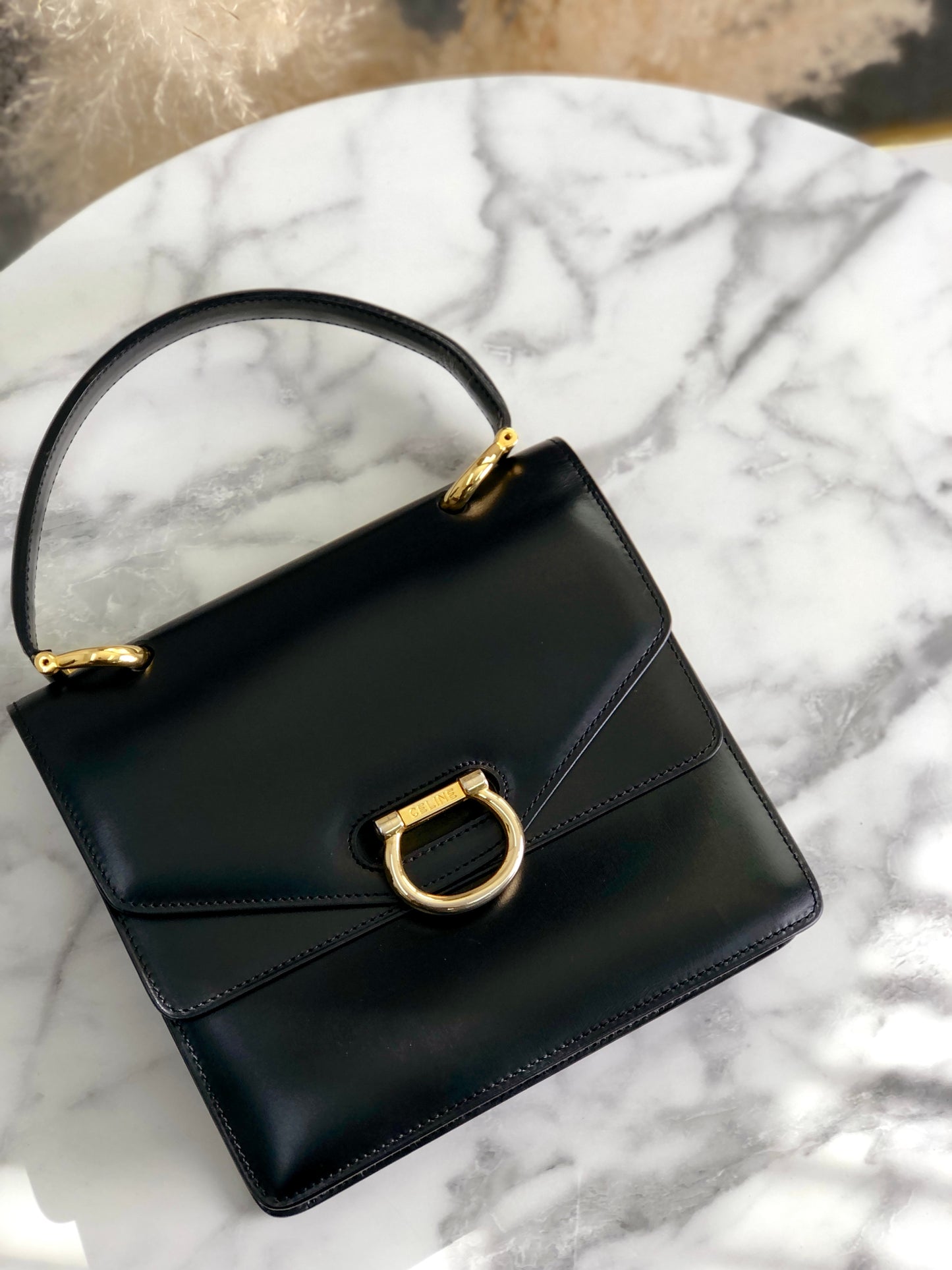 CELINE Horse Bit Double Flap Handbag Black Vintage eysscs