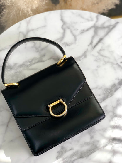 CELINE Horse Bit Double Flap Handbag Black Vintage eysscs