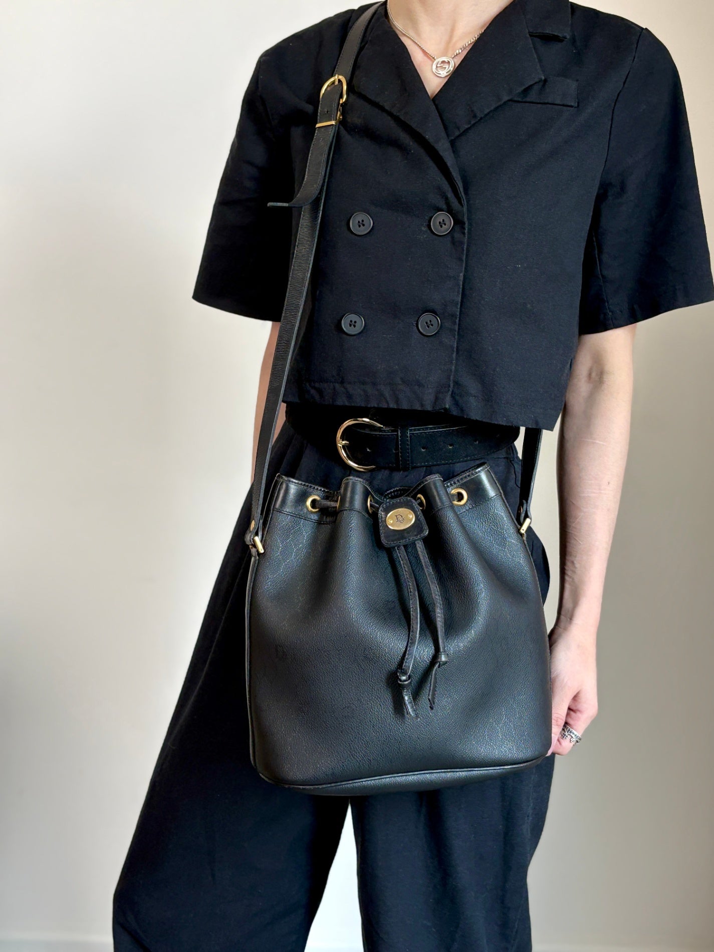 Christian Dior Logo Drawstring Shoulder bag Black Vintage amjphh