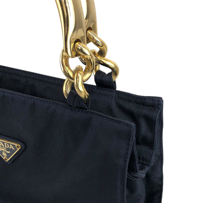 PRADA Triangle Logo Metal Handle Handbag Navy Vintage 5c4zz4